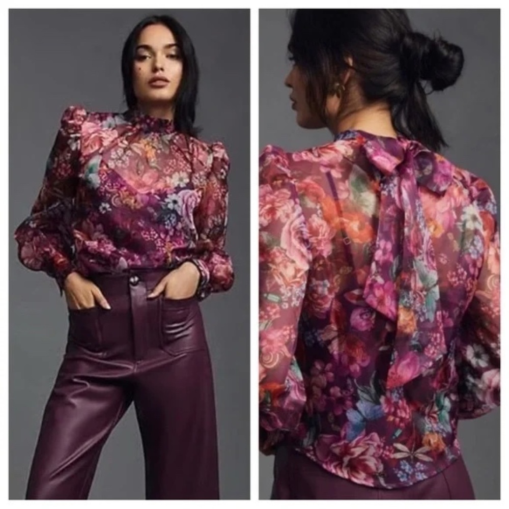 Anthropologie Organza Blouse Purple Floral Motiff Top size XS NWT
